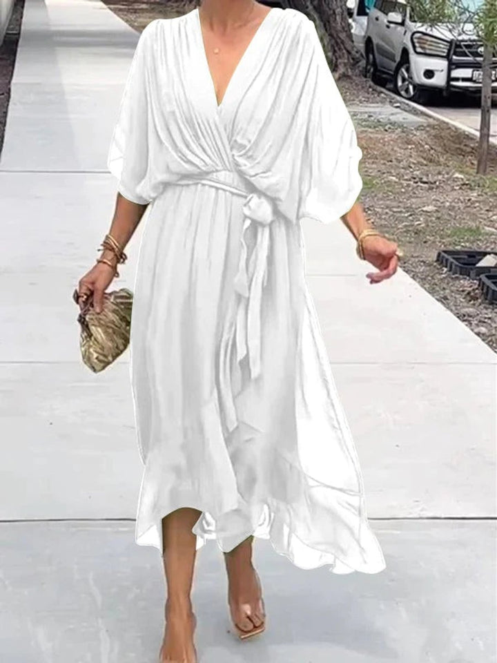 Emma | Women's Chiffon V-Neck Belted Midi Cocktail Party Dress