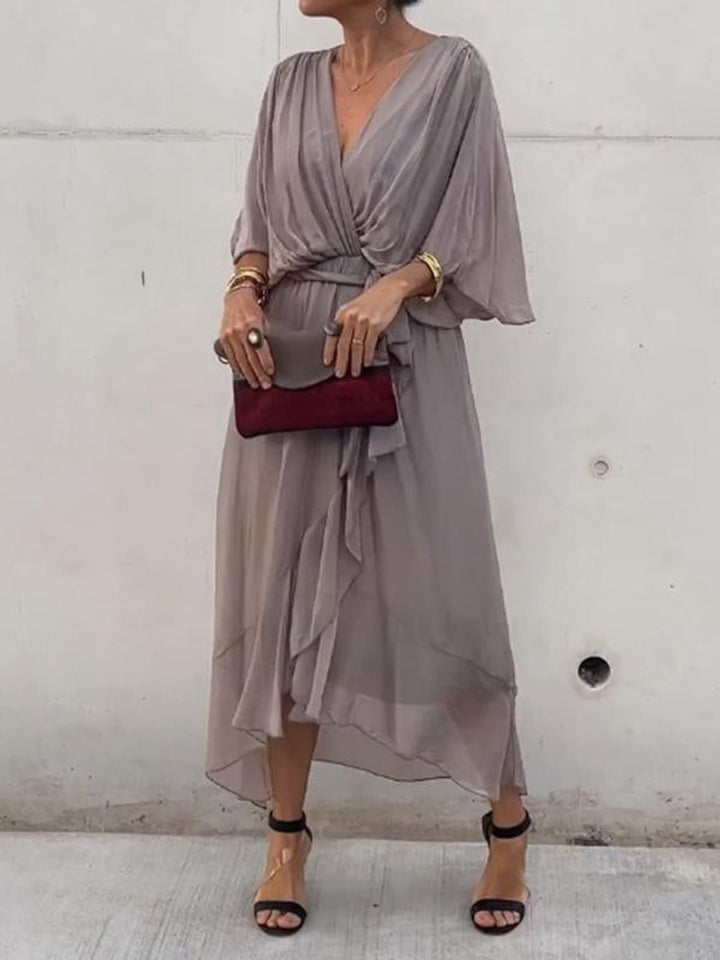 Emma | Women's Chiffon V-Neck Belted Midi Cocktail Party Dress