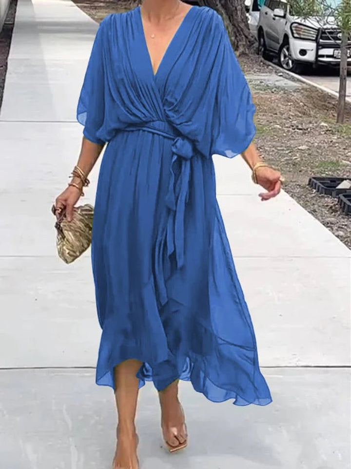 Emma | Women's Chiffon V-Neck Belted Midi Cocktail Party Dress