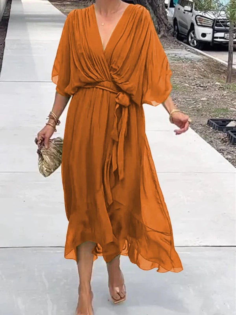 Emma | Women's Chiffon V-Neck Belted Midi Cocktail Party Dress