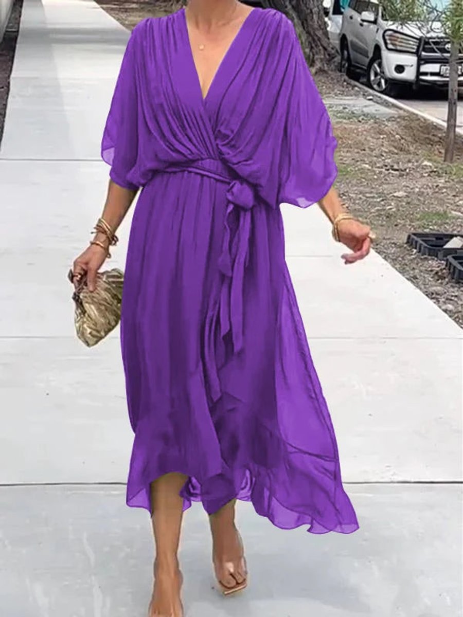 Emma | Women's Chiffon V-Neck Belted Midi Cocktail Party Dress