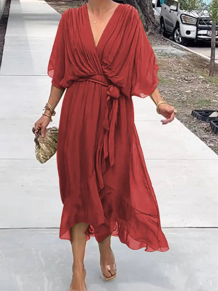 Emma | Women's Chiffon V-Neck Belted Midi Cocktail Party Dress