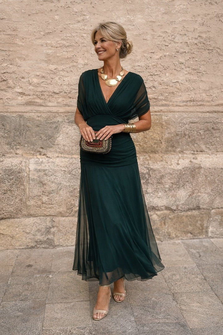 Evelyn | Women's Elegant V-Neck Chiffon Cocktail Party Dress Maxi Length