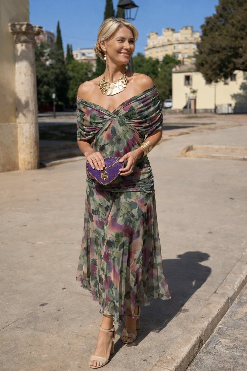 Evelyn | Women's Elegant V-Neck Chiffon Cocktail Party Dress Maxi Length