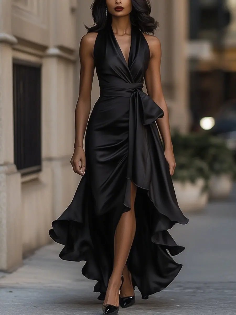 Grace | Women's Satin Halter Cocktail Party Dress High-Low Ruffle Wrap