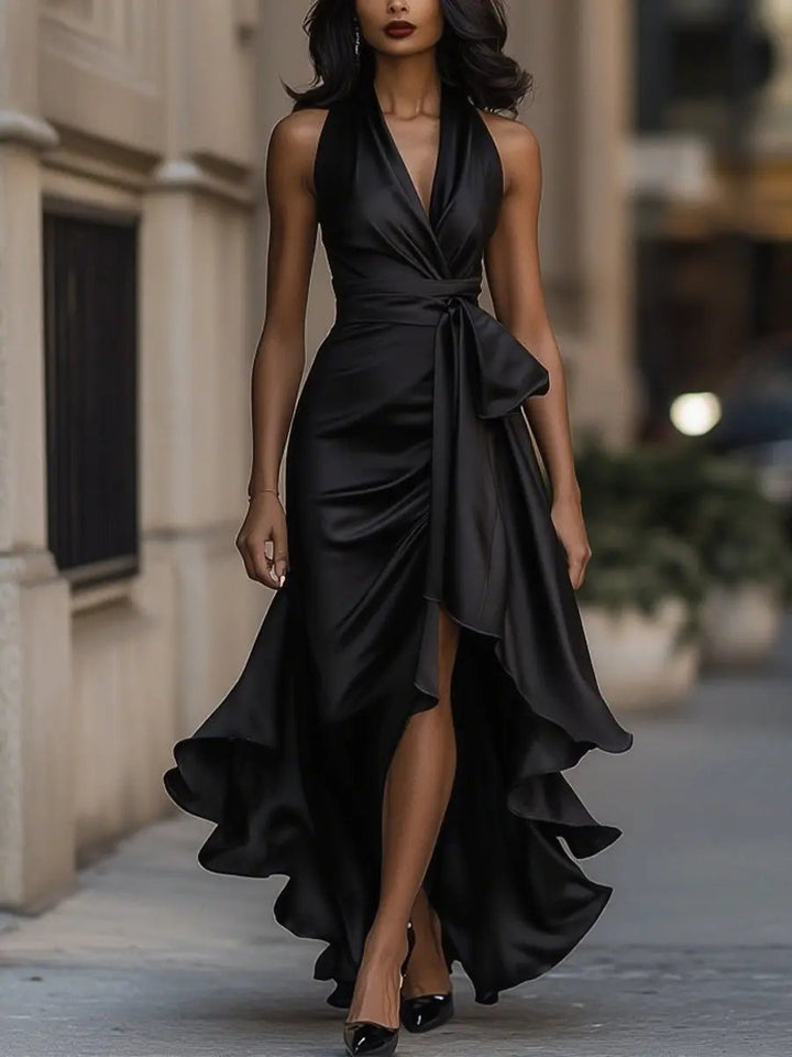 Grace | Women's Satin Halter Cocktail Party Dress High-Low Ruffle Wrap