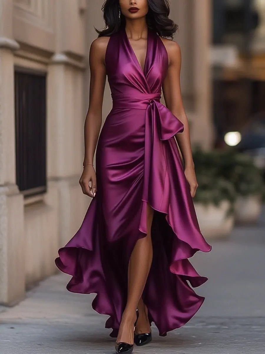 Grace | Women's Satin Halter Cocktail Party Dress High-Low Ruffle Wrap