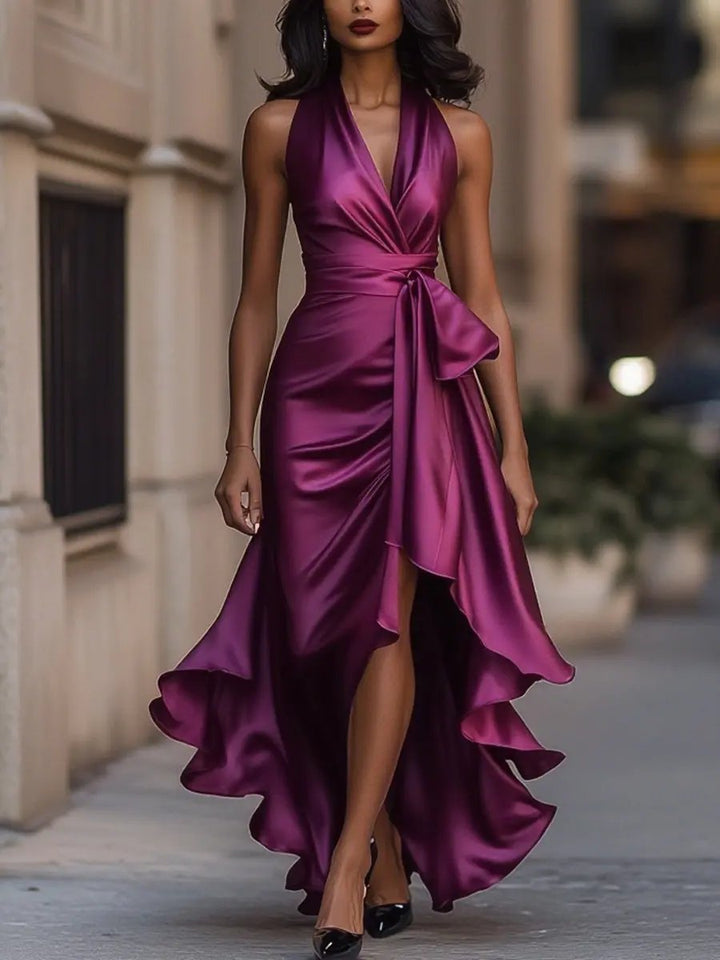 Grace | Women's Satin Halter Cocktail Party Dress High-Low Ruffle Wrap