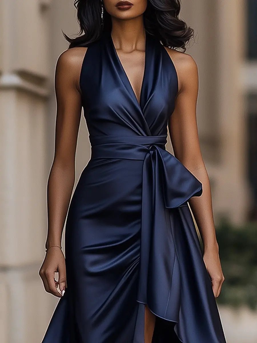 Grace | Women's Satin Halter Cocktail Party Dress High-Low Ruffle Wrap