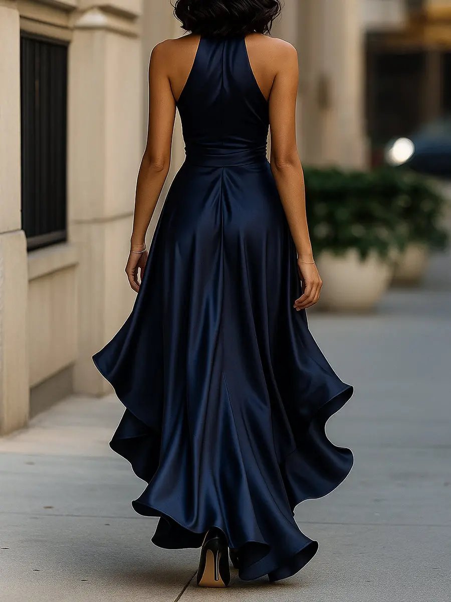 Grace | Women's Satin Halter Cocktail Party Dress High-Low Ruffle Wrap