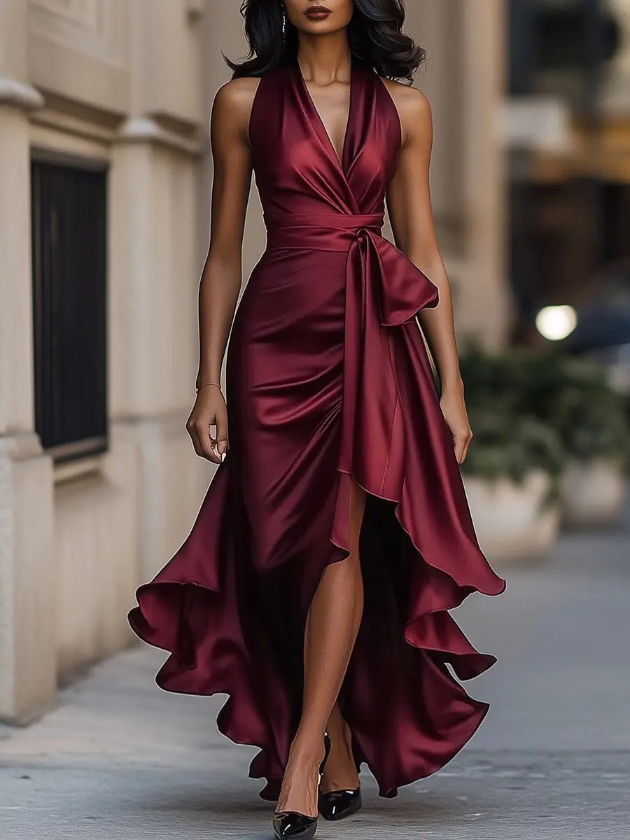 Grace | Women's Satin Halter Cocktail Party Dress High-Low Ruffle Wrap