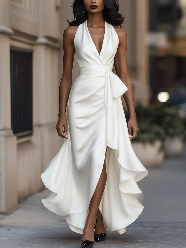 Grace | Women's Satin Halter Cocktail Party Dress High-Low Ruffle Wrap