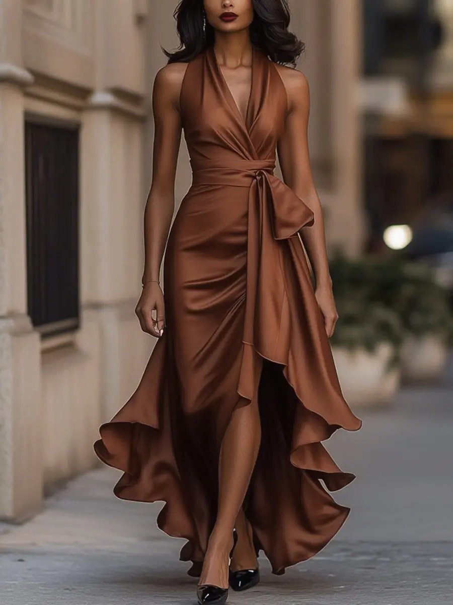 Grace | Women's Satin Halter Cocktail Party Dress High-Low Ruffle Wrap